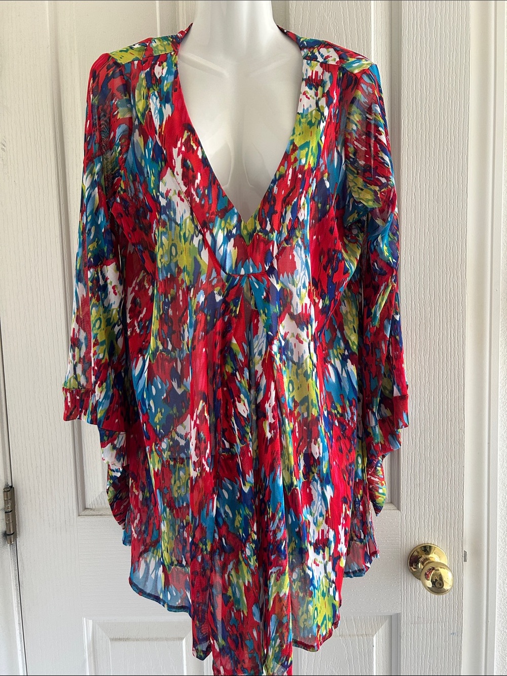For Cynthia Red Multicolor V-Neck Swim Coverup